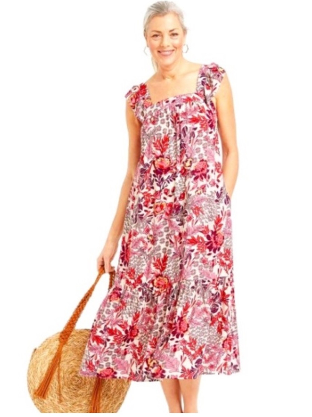 Floral flowy dress sleeveless pink purple ruffles tiered midi New pockets
